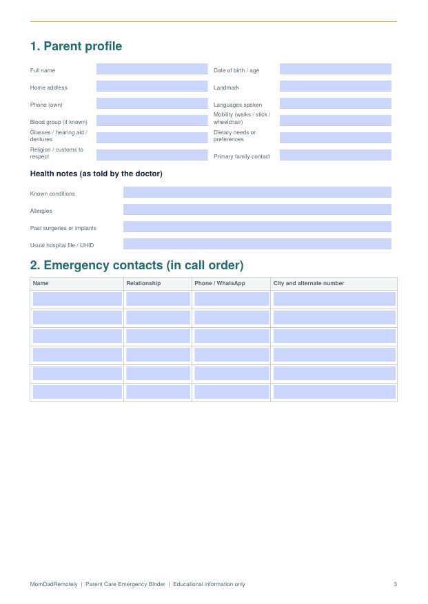 Sample page from Parent Care Emergency Binder