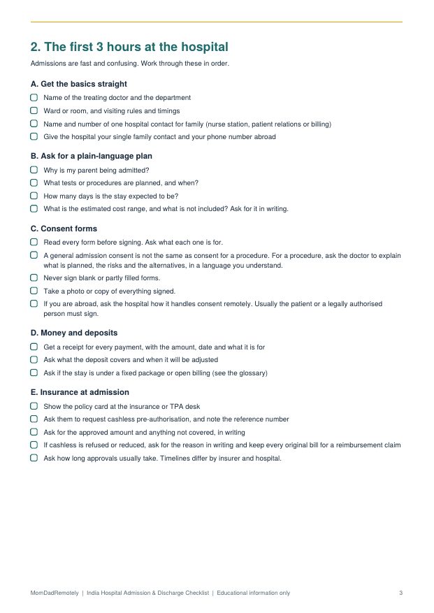 Sample page from India Hospital Admission & Discharge Checklist