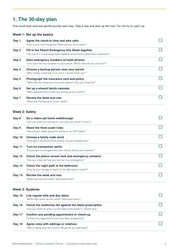 Sample page from 30-Day Long-Distance Caregiver Planner
